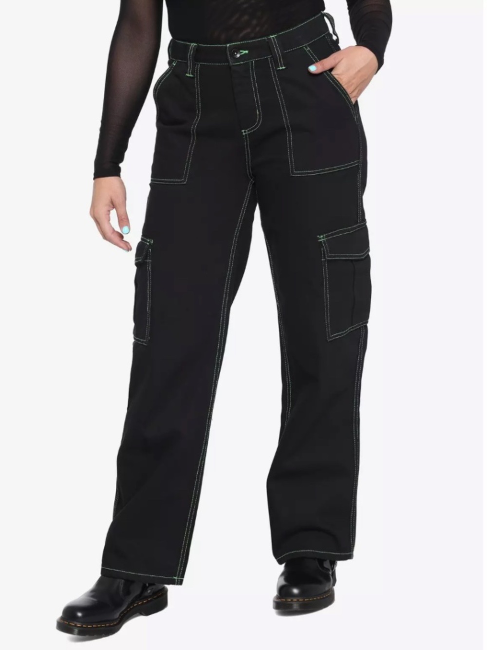 Hot Topic Denim Black & Green Stitch Hi-Rise Carpenter Pants, Juniors Size 7
